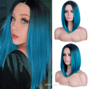Wholesale cheap anime party gradient black to blue bob short straight synthetic shoulder-length hair cosplay wig
